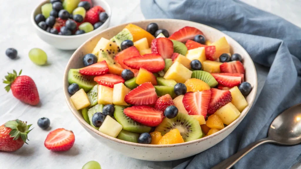 A bowl of fresh fruit salad with strawberries, kiwis, blueberries, and orange slices arranged beautifully.