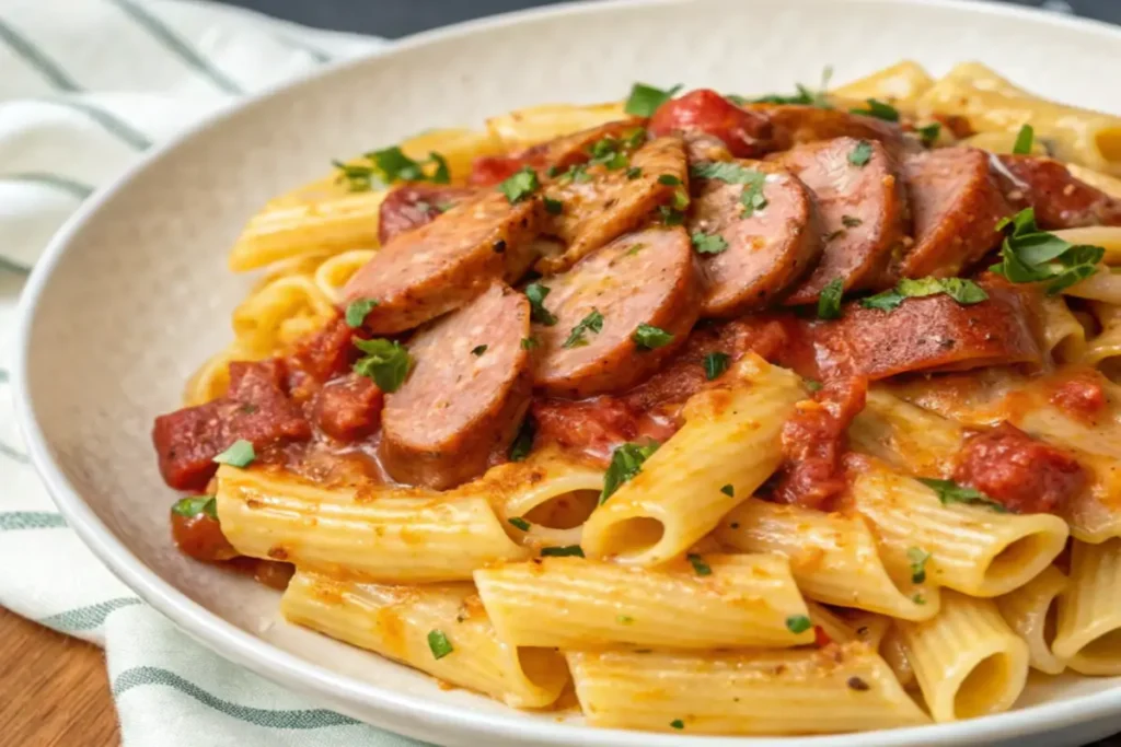 Kielbasa Pasta served in a white bowl with creamy tomato sauce and garnished with fresh parsley.