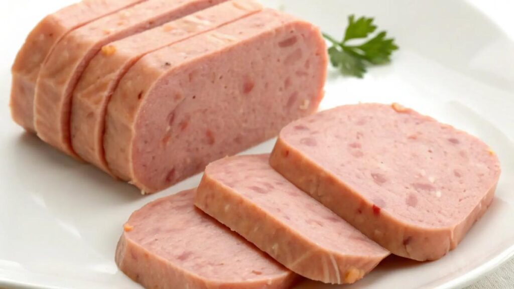 Sliced luncheon meat served on a white plate