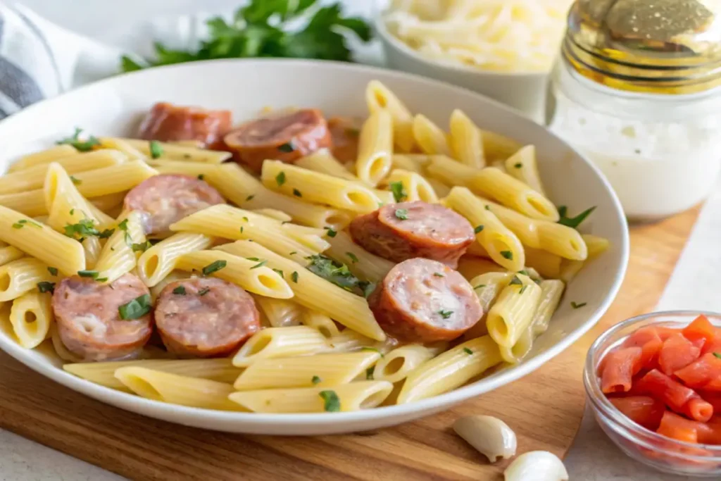 Simple Kielbasa Pasta with penne and a light creamy sauce, garnished with fresh parsley on a wooden table.