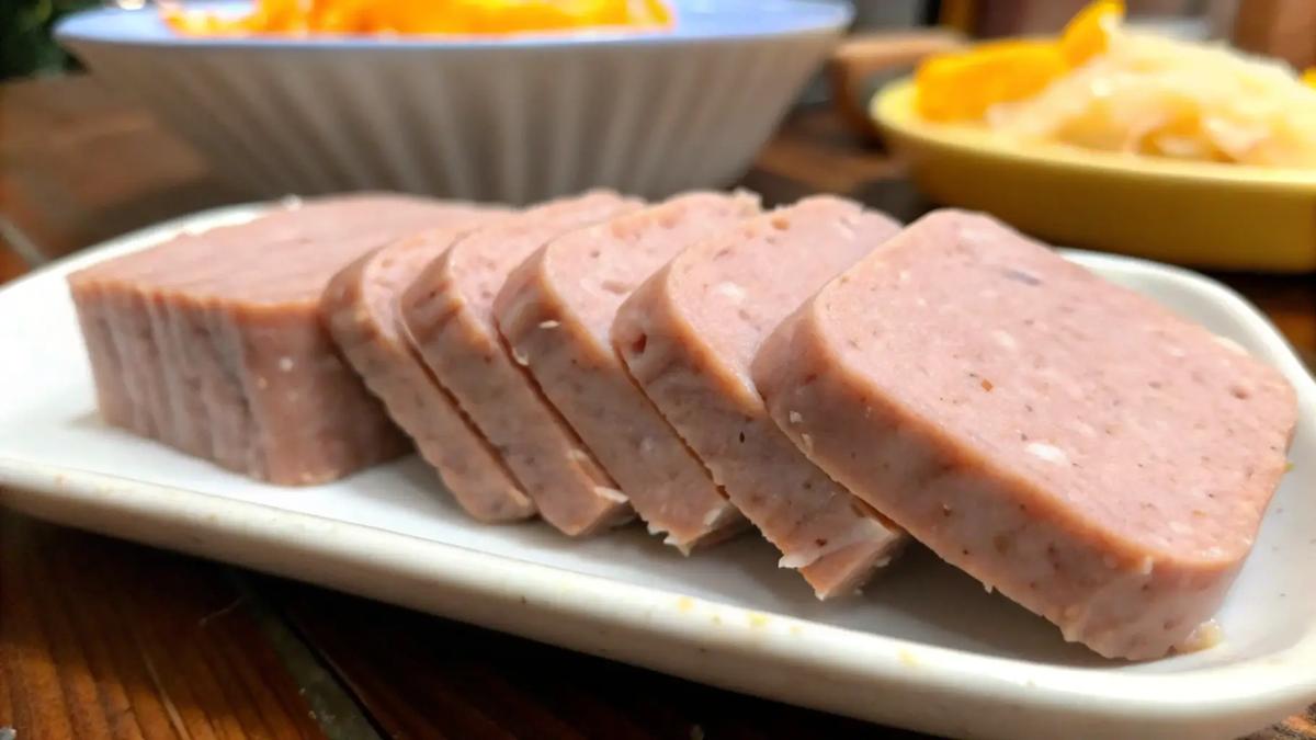 Slices of luncheon meat on a rectangular plate