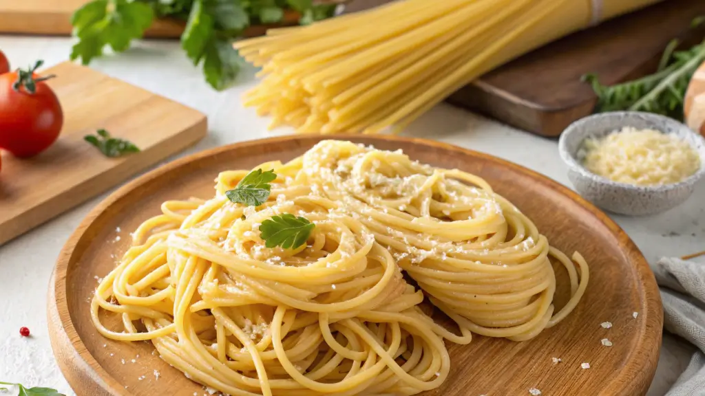 A plate of freshly cooked Tonnarelli topped with grated cheese, with raw pasta and fresh tomatoes in the background.