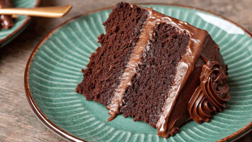 A rich and moist slice of vegan chocolate cake with creamy chocolate frosting on a green plate.