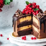 A beautifully layered vegan chocolate cake with chocolate ganache, piped frosting, and fresh red berries on top.