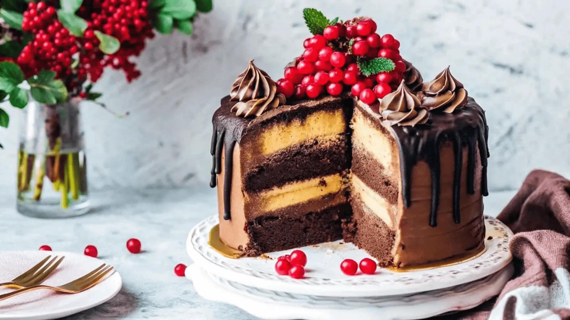 A beautifully layered vegan chocolate cake with chocolate ganache, piped frosting, and fresh red berries on top.