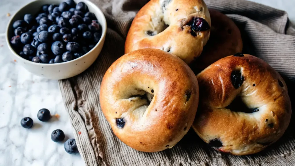 Golden-brown homemade blueberry bagels with fresh blueberries in a bowl.