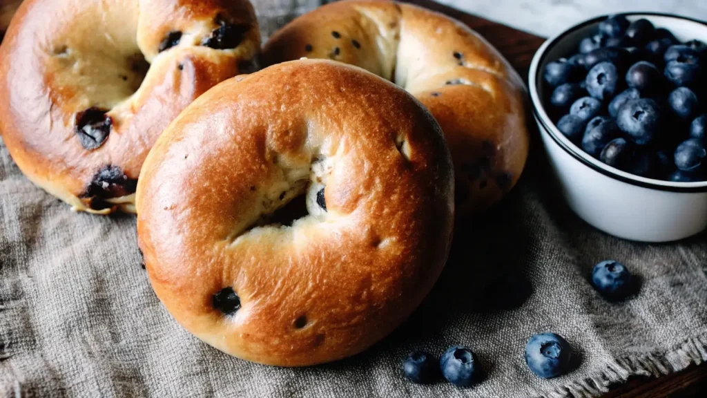 Golden homemade blueberry bagels with a bowl of fresh blueberries on a rustic surface.