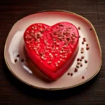 A vibrant red heart-shaped cake topped with crushed chocolate sprinkles, served on a light pink plate with a golden rim.