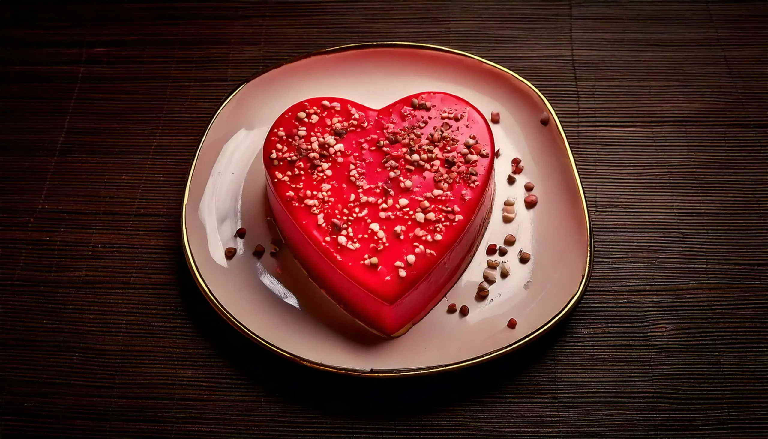 A vibrant red heart-shaped cake topped with crushed chocolate sprinkles, served on a light pink plate with a golden rim.