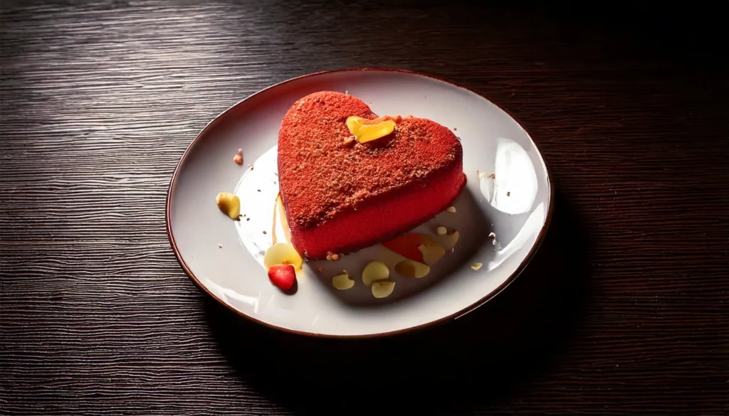 A vibrant red heart-shaped cake topped with crushed chocolate sprinkles, served on a light pink plate with a golden rim.