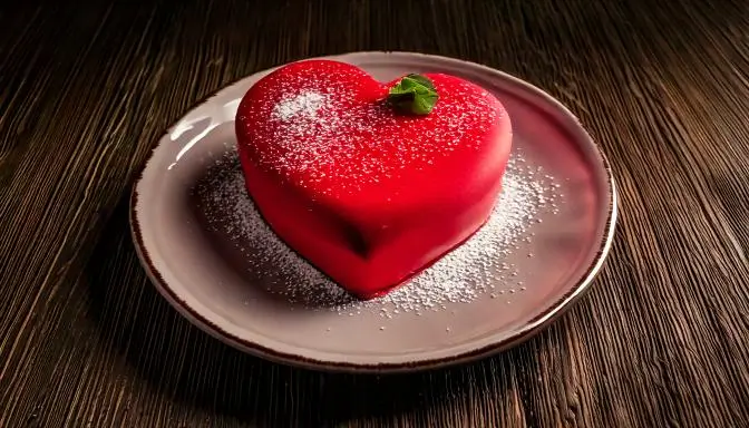 A red heart-shaped cake with a glossy finish, garnished with powdered sugar and a small mint leaf, elegantly plated on a ceramic dish.