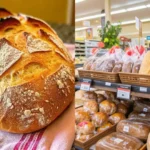 A close-up of a rustic homemade bread loaf on the left and packaged store-bought bread on the right, highlighting texture differences.