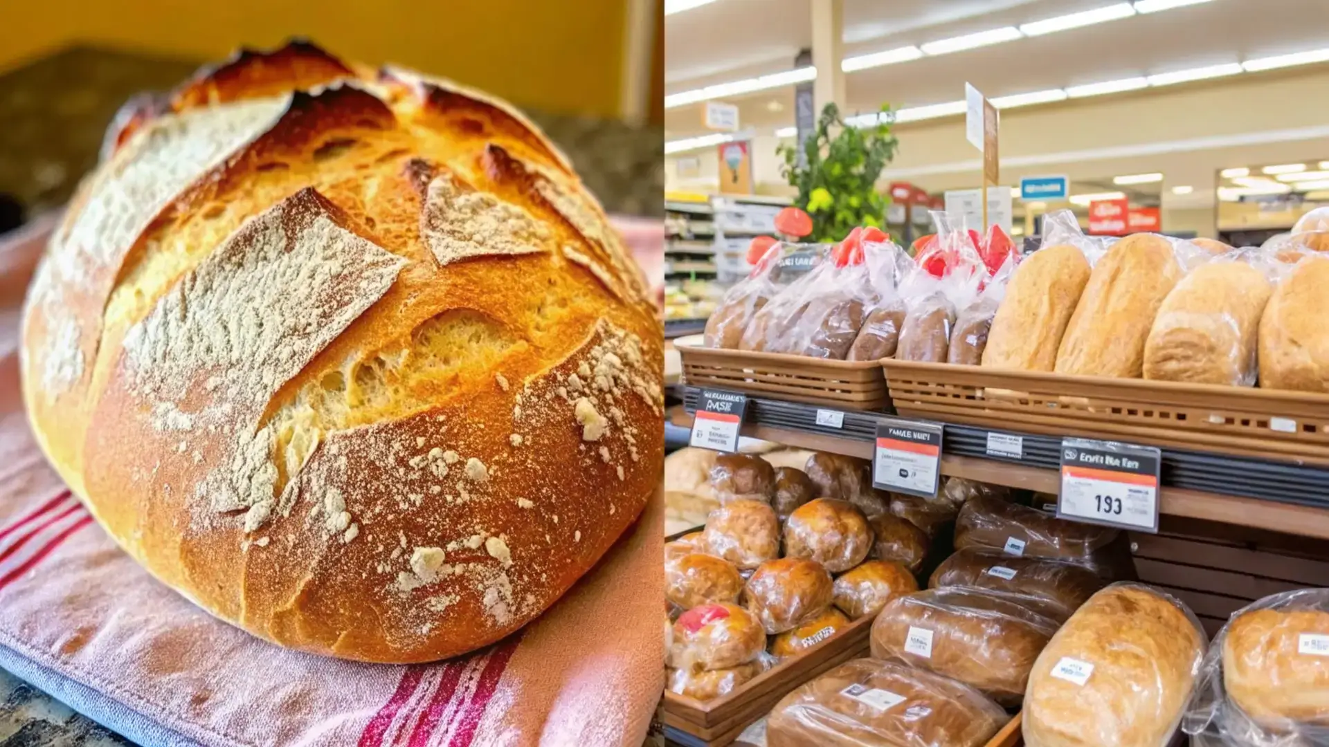 A close-up of a rustic homemade bread loaf on the left and packaged store-bought bread on the right, highlighting texture differences.