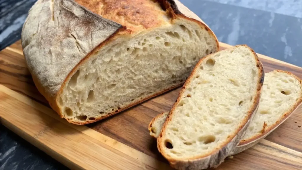 A rustic, homemade sourdough bread loaf with a golden crust and airy crumb, sitting on a wooden cutting board.