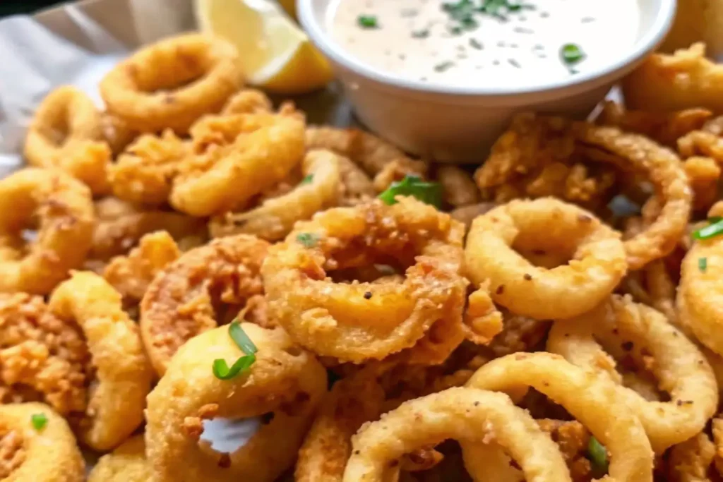 Crispy golden calamari rings garnished with fresh herbs, served with a creamy dipping sauce and lemon wedges.