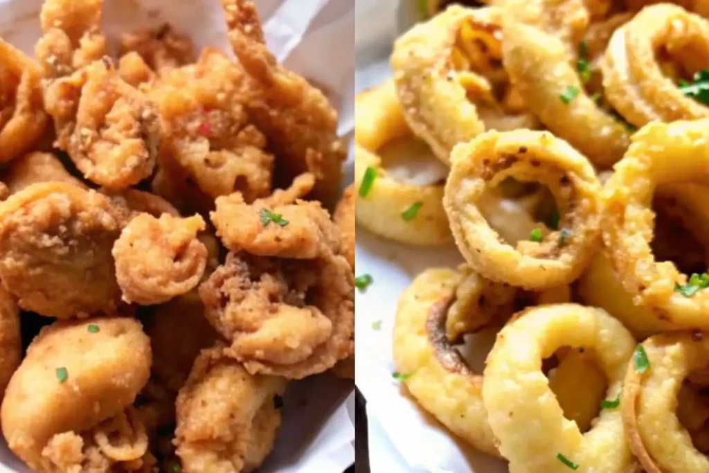 A side-by-side comparison of two calamari styles: one with a crunchy, thick batter and the other with a light, crispy coating.