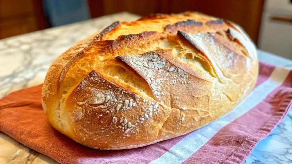 Freshly baked homemade bread with a golden crust, placed on a kitchen towel.