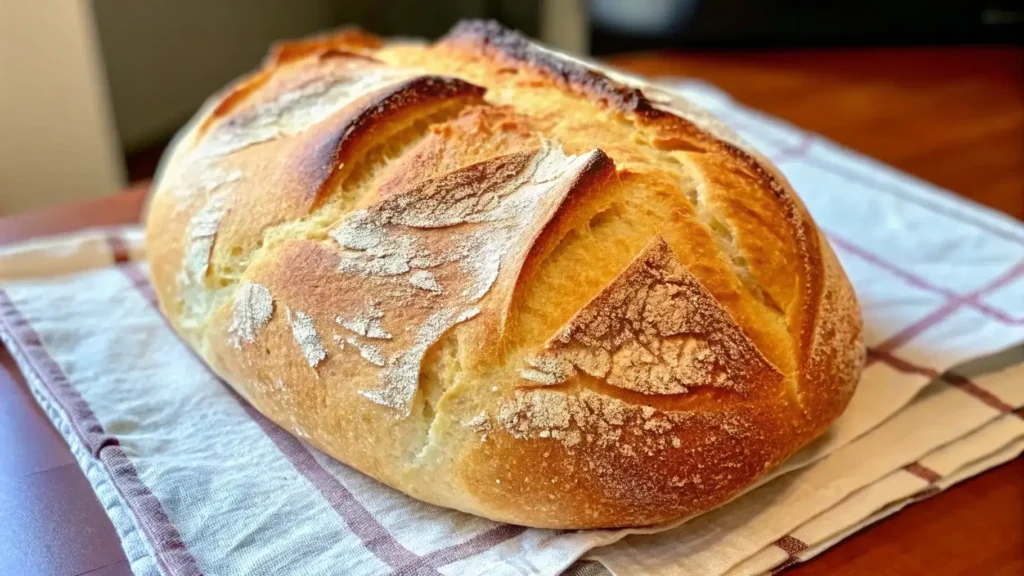 Rustic homemade bread with a crisp crust on a kitchen counter.